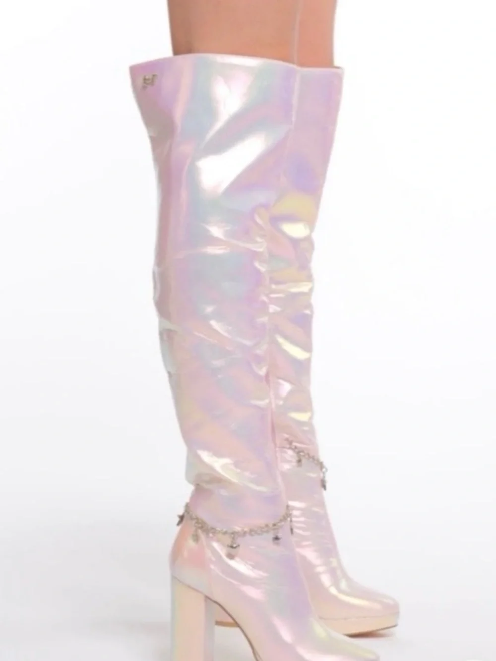 Sparkl Fairy Couture Iridescent Pink Knee-High Block Heel Boots NWT